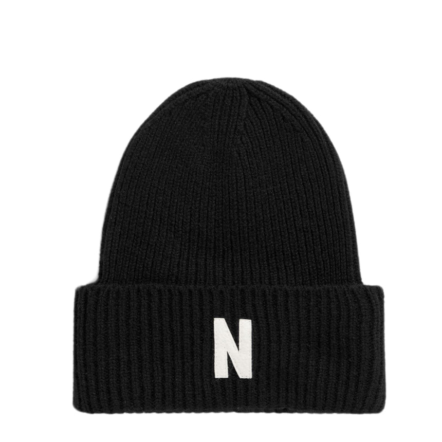 Norse Projects Merino Lambswool Rib N Logo Beanie Black